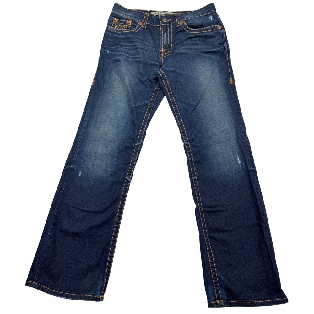 Big Star Pioneer Boot Cut Jeans 32x34 Blue Dark Wash Thick Stitch Distressed